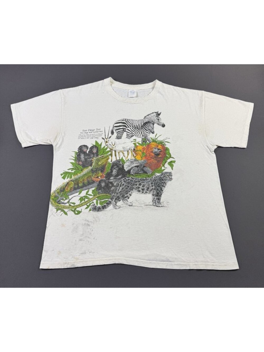 Rare Vintage 80s San Diego Zoo Wild Animal Harlequin Art AOP XL White Tee Shirt